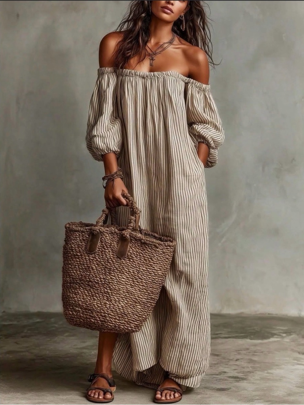 Off-Shoulder Striped silky Maxi Dress in beige with navy blue stripes